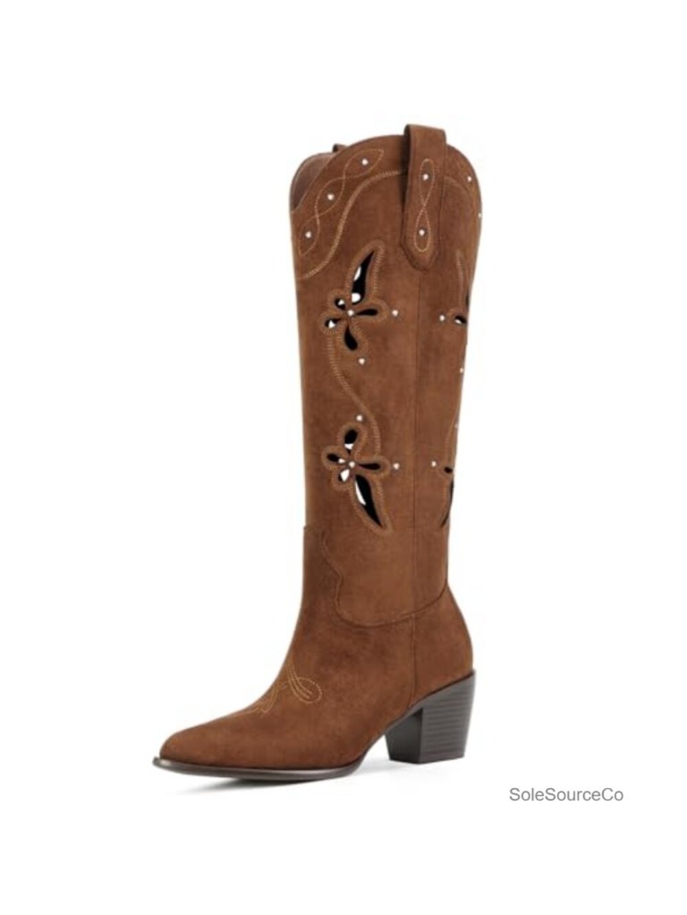 Knee High Western Cowboy Boots Faux Suede Embroidered Pointed Toe